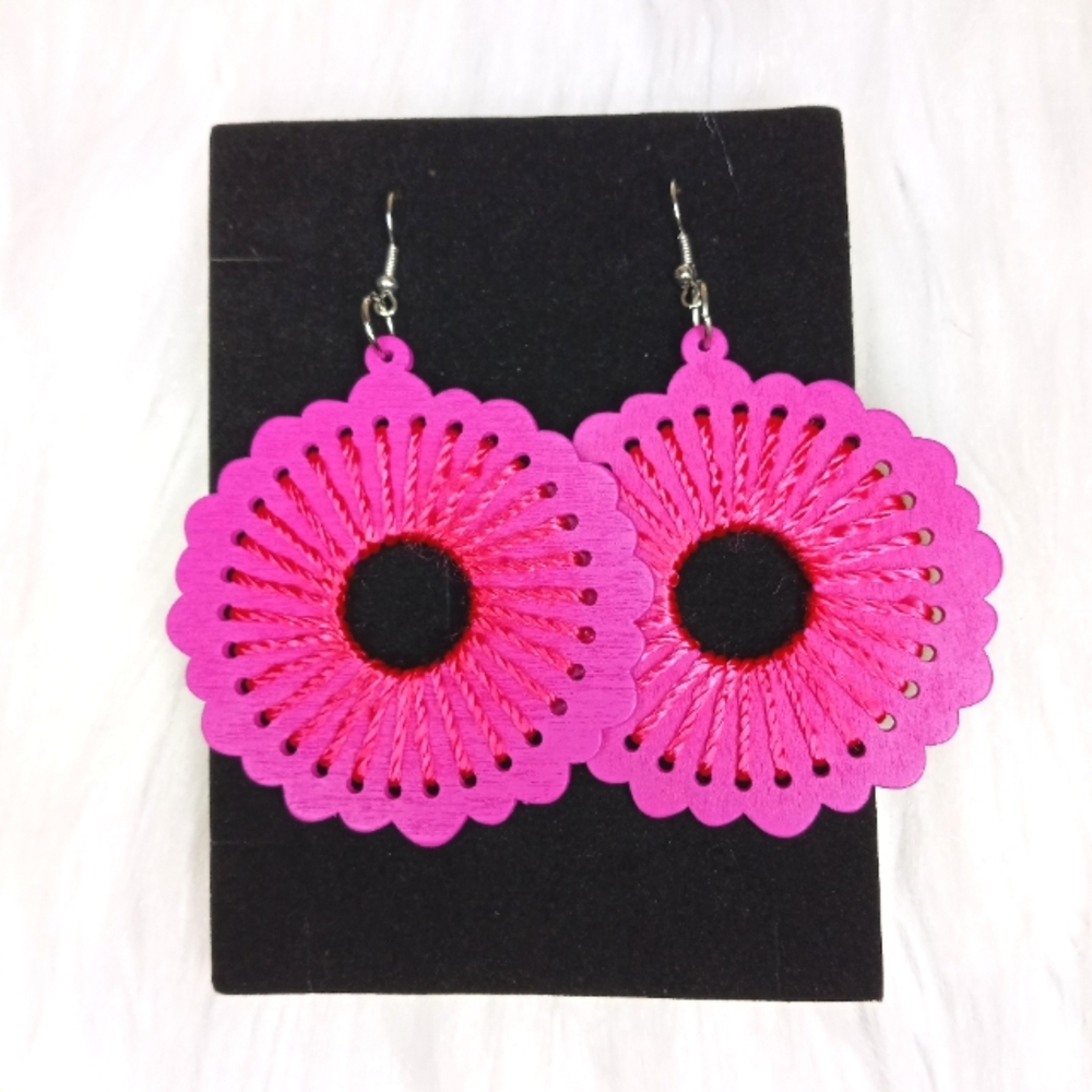 Pink Wooden Embroidered Wire Hook Dangle Earrings